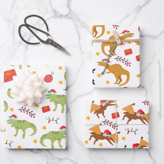 Dinosaur Weihnachtsmuster, Weiß-Weihnachtsmannmütz Geschenkpapier Set (Vorderseite)