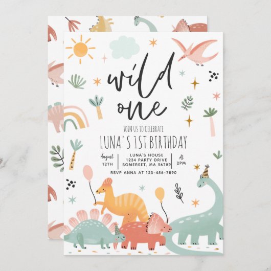 Dinosaur Wild 1. Geburtstags-Party Einladung (Vorne/Hinten)