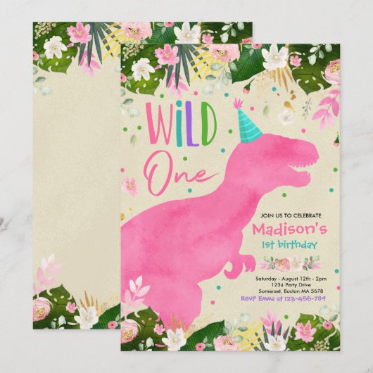 Dinosaur Wild Ein Geburtstag Pink Dinosaur Geburts Einladung (Vorne/Hinten)