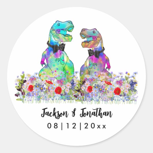 Dinosaur Wildflower Gay Wedding Runder Aufkleber (Vorderseite)
