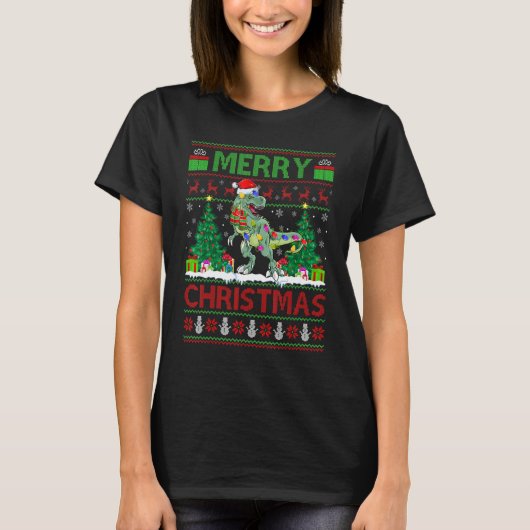 Dinosaur Xmas Tree Light Ugly Santa Dinosaur Chr T-Shirt (Vorderseite)