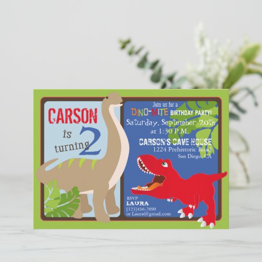 Dinosaur Zweite Geburtstagseinladungskarte Einladung (Stehend Vorderseite)