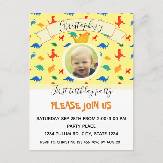 Dinosaurier 1. Geburtstag buntes Baby-Junge-Foto Einladungspostkarte (Vorderseite)
