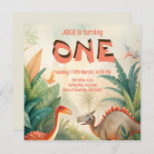 Dinosaurier 1. Geburtstag Dschungel Aquarell Save The Date (Vorne/Hinten)