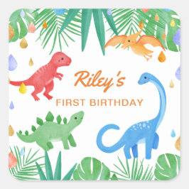 Dinosaurier 1. Geburtstag Einladung farbenfroh Nie Quadratischer Aufkleber