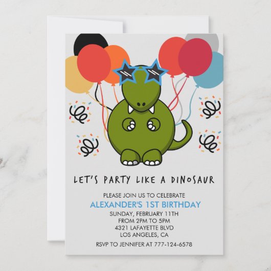 Dinosaurier 1. Geburtstag Einladungen Funny Dino K (Vorderseite)
