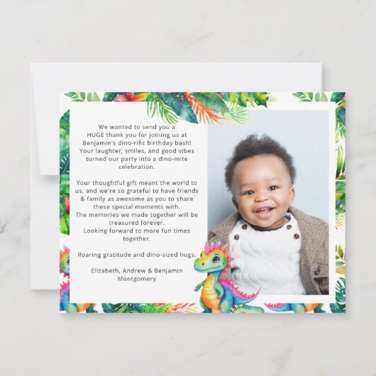 Dinosaurier 1. Geburtstag Party Benutzerdefinierte Dankeskarte (Rückseite)