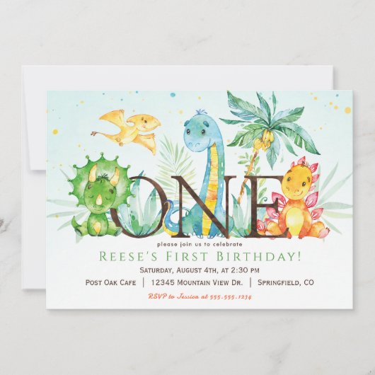 Dinosaurier 1. Geburtstagsfeier Einladung (Vorderseite)