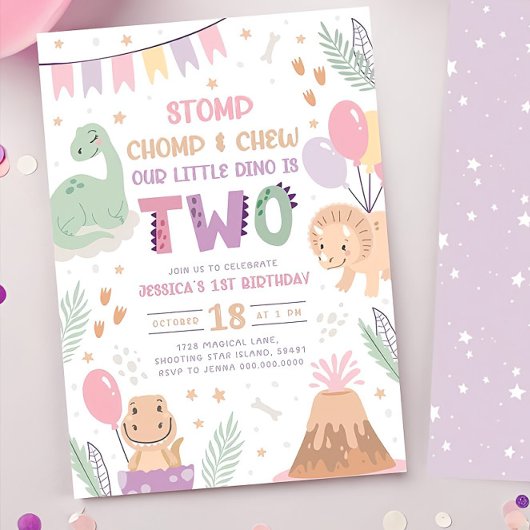 Dinosaurier 2. Geburtstag Einladungen Mädchen. Nie