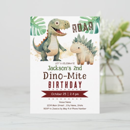 Dinosaurier 2. Geburtstagswasser Einladung (Stehend Vorderseite)