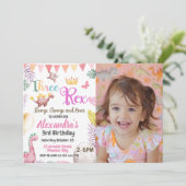 Dinosaurier 3. Geburtstag Drei Rex Foto Girl Einladung (Stehend Vorderseite)