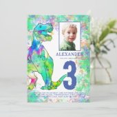 Dinosaurier 3. Geburtstag Party Foto Blue Einladung (Stehend Vorderseite)