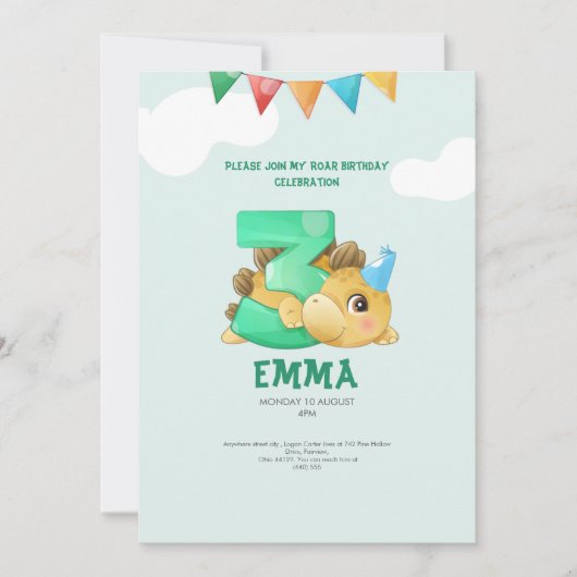 Dinosaurier 3. Geburtstagskinder Einladung (Vorderseite)