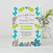 Dinosaurier 4. Geburtstag Dschungelgrün niedlich z Einladung (Stehend Vorderseite)
