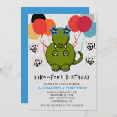 Dinosaurier 4. Geburtstag Funny kids ballloons zum Einladung (Vorne/Hinten)