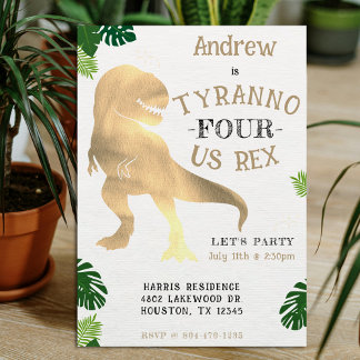 Dinosaurier 4. Geburtstag Party Gold Tyrannosaurus Einladung