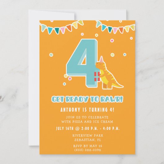 Dinosaurier 4. Geburtstagsparty Einladung (Vorderseite)