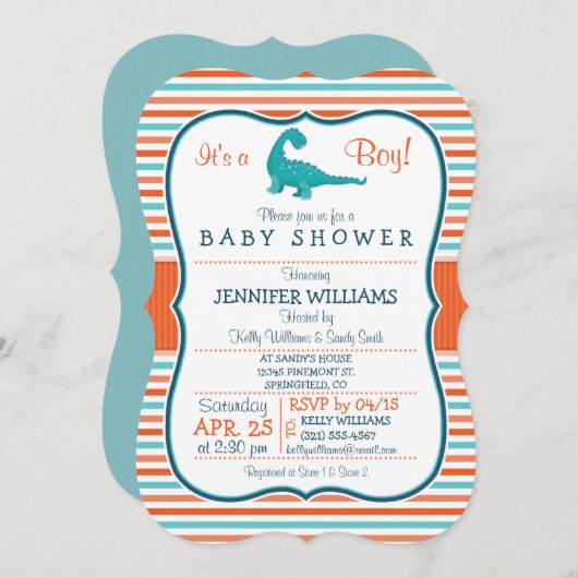 Dinosaurier; Aquamarine und orangefarbene Streifen Einladung (Vorne/Hinten)