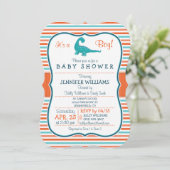 Dinosaurier; Aquamarine und orangefarbene Streifen Einladung (Stehend Vorderseite)