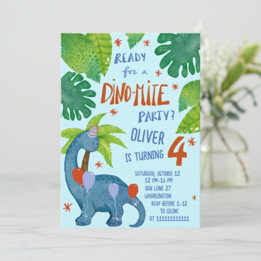 Dinosaurier Aquarell niedliche Geburtstag Party Einladung (Stehend Vorderseite)