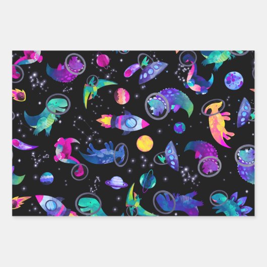 Dinosaurier Astronauten Aquarellplatz Dino Geburts Geschenkpapier Set (Vorderseite 2)