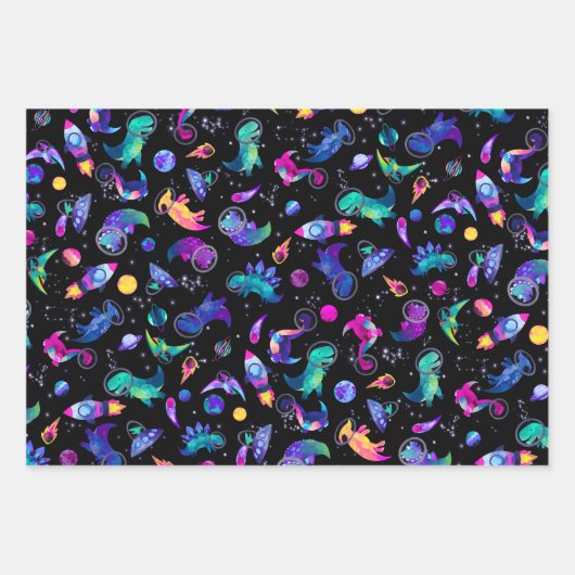 Dinosaurier Astronauten Aquarellplatz Dino Geburts Geschenkpapier Set (Vorderseite)