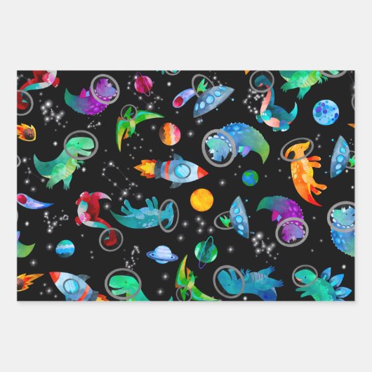 Dinosaurier Astronauten Aquarellplatz Dino Geburts Geschenkpapier Set (Vorderseite 2)
