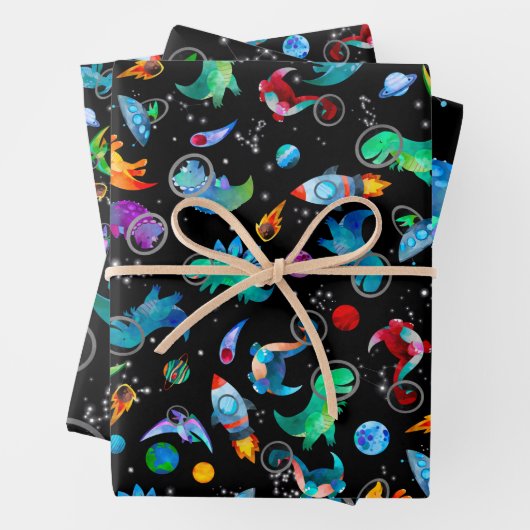Dinosaurier Astronauten Aquarellplatz Dino Geburts Geschenkpapier Set (Beispiel)