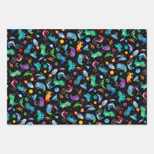 Dinosaurier Astronauten Aquarellplatz Dino Geburts Geschenkpapier Set (Vorderseite 3)