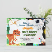 Dinosaurier-Astronauten-Raketengeflecht-Party Einladung (Stehend Vorderseite)