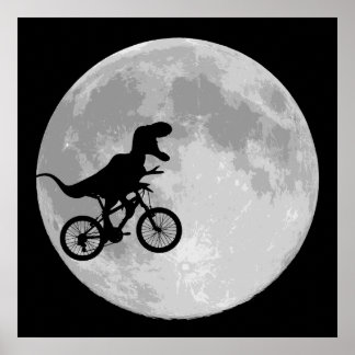 Dinosaurier auf einem Rad mit dem Mond Poster
