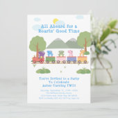 Dinosaurier auf einem Zug bis zum Geburtstag Einladung (Stehend Vorderseite)