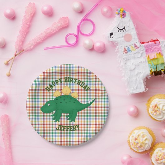 Dinosaurier auf Kariertem Kindergeburtstag Party Pappteller (Party)