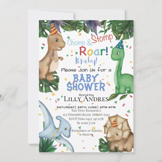 Dinosaurier Baby Shower Party | Stomp Chomp Roar! Einladung (Vorderseite)
