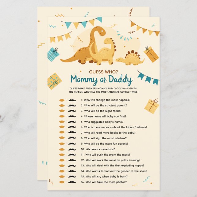 Dinosaurier Babydusche raten, wer Mama oder Papa (Vorne/Hinten)