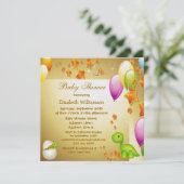 Dinosaurier & Balloons Elegant Gold Baby Dusche Einladung (Stehend Vorderseite)
