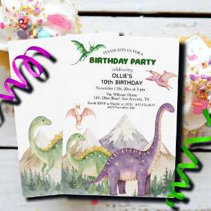Dinosaurier & Berge Farbenfrohe 10. Geburtstagspar Einladung