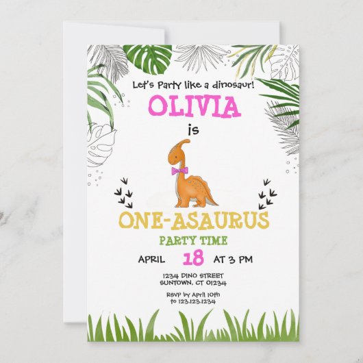 Dinosaurier Birthday Aquarell Rosa Orange Einladung (Vorderseite)