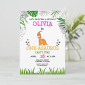 Dinosaurier Birthday Aquarell Rosa Orange Einladung (Stehend Vorderseite)