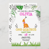 Dinosaurier Birthday Aquarell Rosa Orange Einladung (Vorne/Hinten)