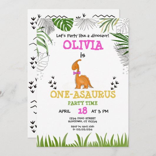 Dinosaurier Birthday Aquarell Rosa Orange Einladung (Vorne/Hinten)