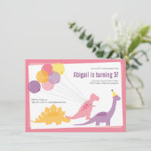 Dinosaurier Birthday Ballon Pink Lila Party Hausha Einladung (Stehend Vorderseite)