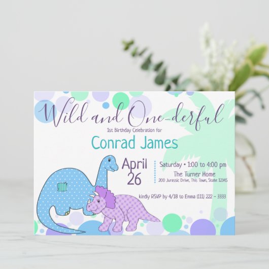 Dinosaurier Birthday Wild und One-derful Party Einladung (Stehend Vorderseite)