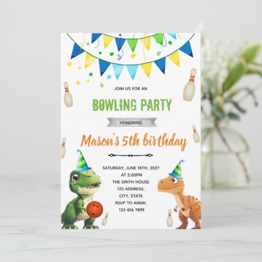 Dinosaurier Bowling Einladung zum Geburtstag (Stehend Vorderseite)