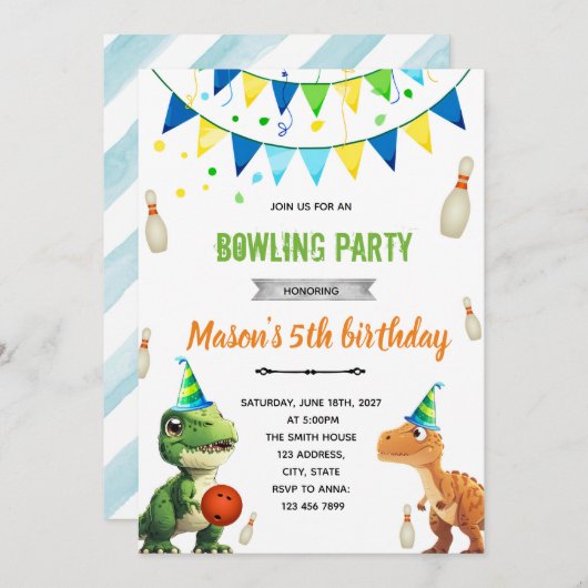 Dinosaurier Bowling Einladung zum Geburtstag (Vorne/Hinten)