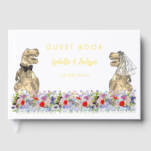 Dinosaurier Bride und Groom Floral Wedding Gold Gästebuch (Vorderseite)