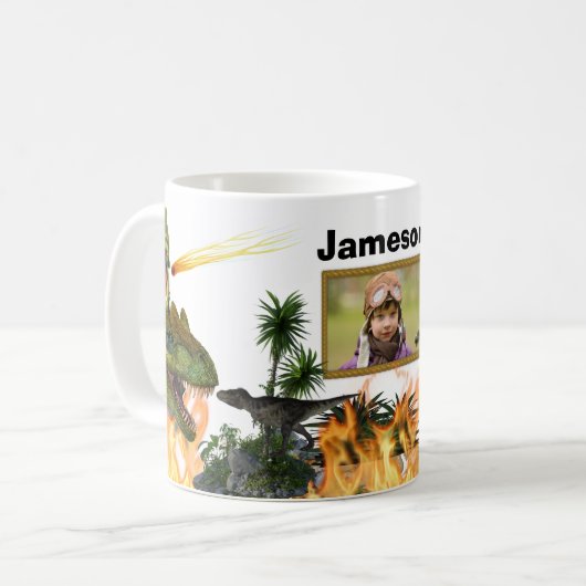 Dinosaurier brüllen T-rex Flammen prähistorische J Kaffeetasse (Vorderseite Links)