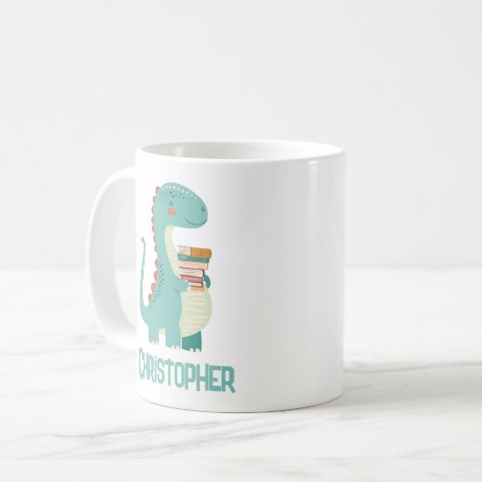 Dinosaurier-Buch mit Kindername Kaffeetasse (Vorderseite Links)