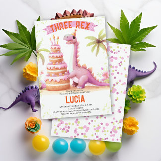 Dinosaurier Cake Three Rex Watercolor Girl Birthda Einladung