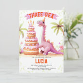 Dinosaurier Cake Three Rex Watercolor Girl Birthda Einladung (Stehend Vorderseite)